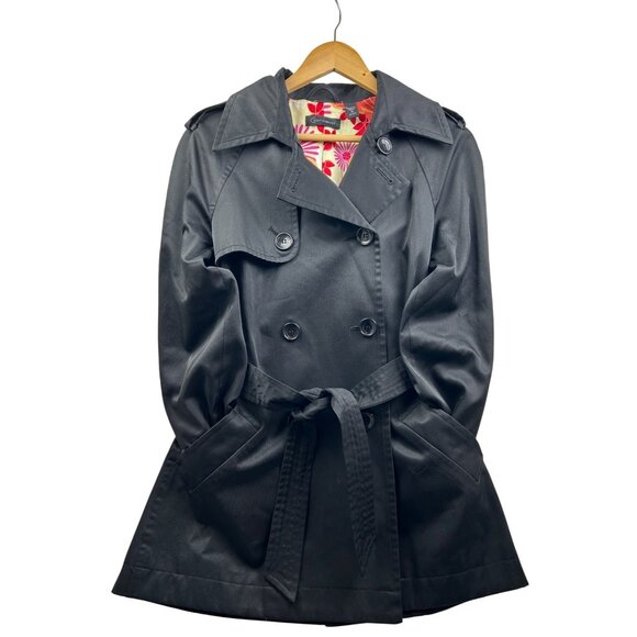 Context Trench Coat Womens M Belted Double Breasted Floral Lining Blk Retro Chic - Picture 2 of 13